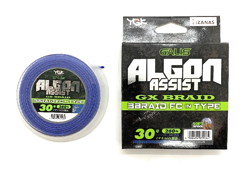 Fishing Line For Tough Conditions-YGK Galis Algon Assist GX Braid 3 Braid Fluorocarbon in Type 6m Blue 260lb #30