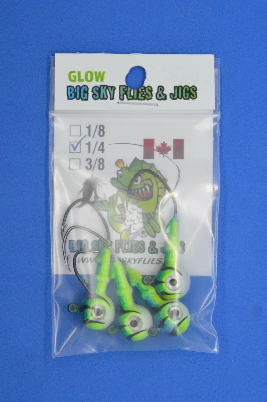 Fishing Hooks For Offshore Baitcasting-Big Sky Mean Machine 1/4oz Glow Jig Heads 4/pack